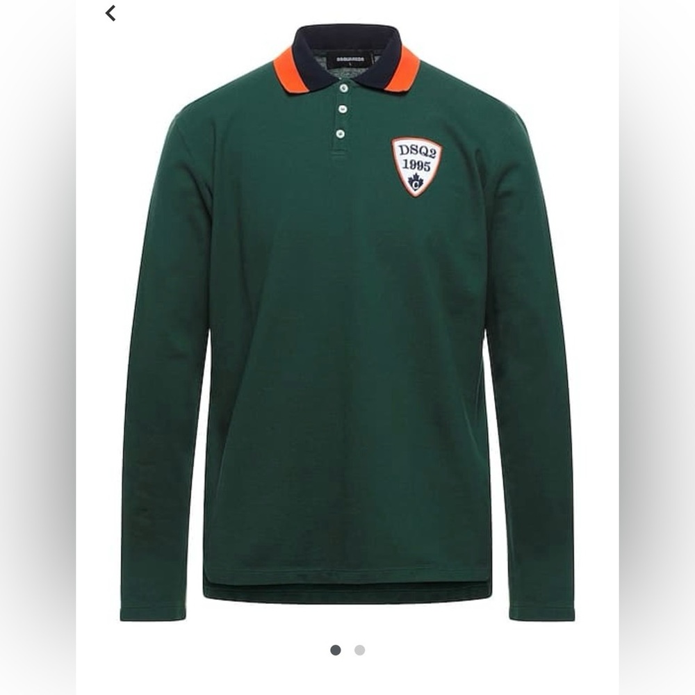 DSQUARED2 Green Long-Sleeve Polo with Orange Collar Trim
